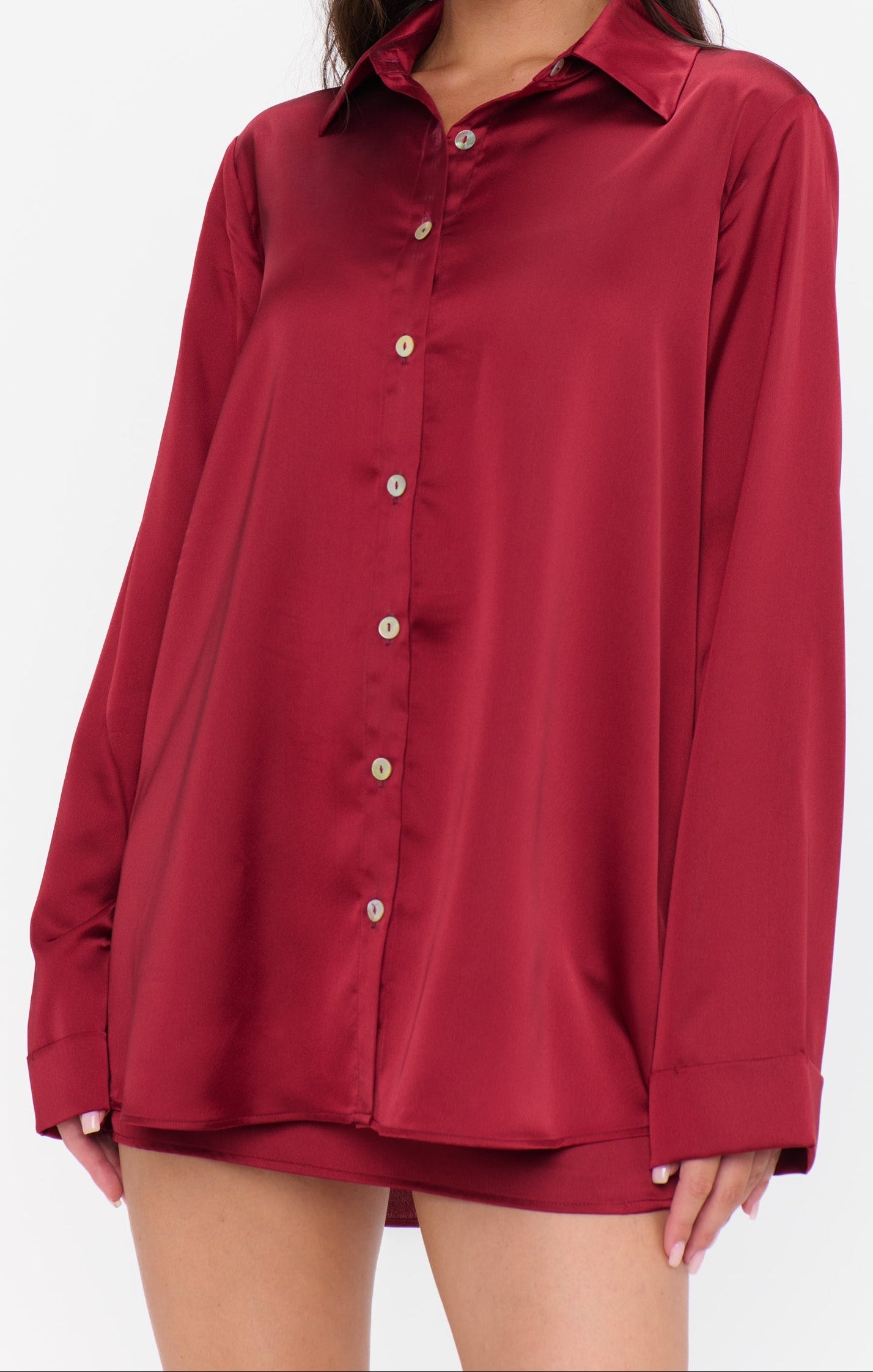Viviette Vintage Button Down – Cranberry Luxe Satin