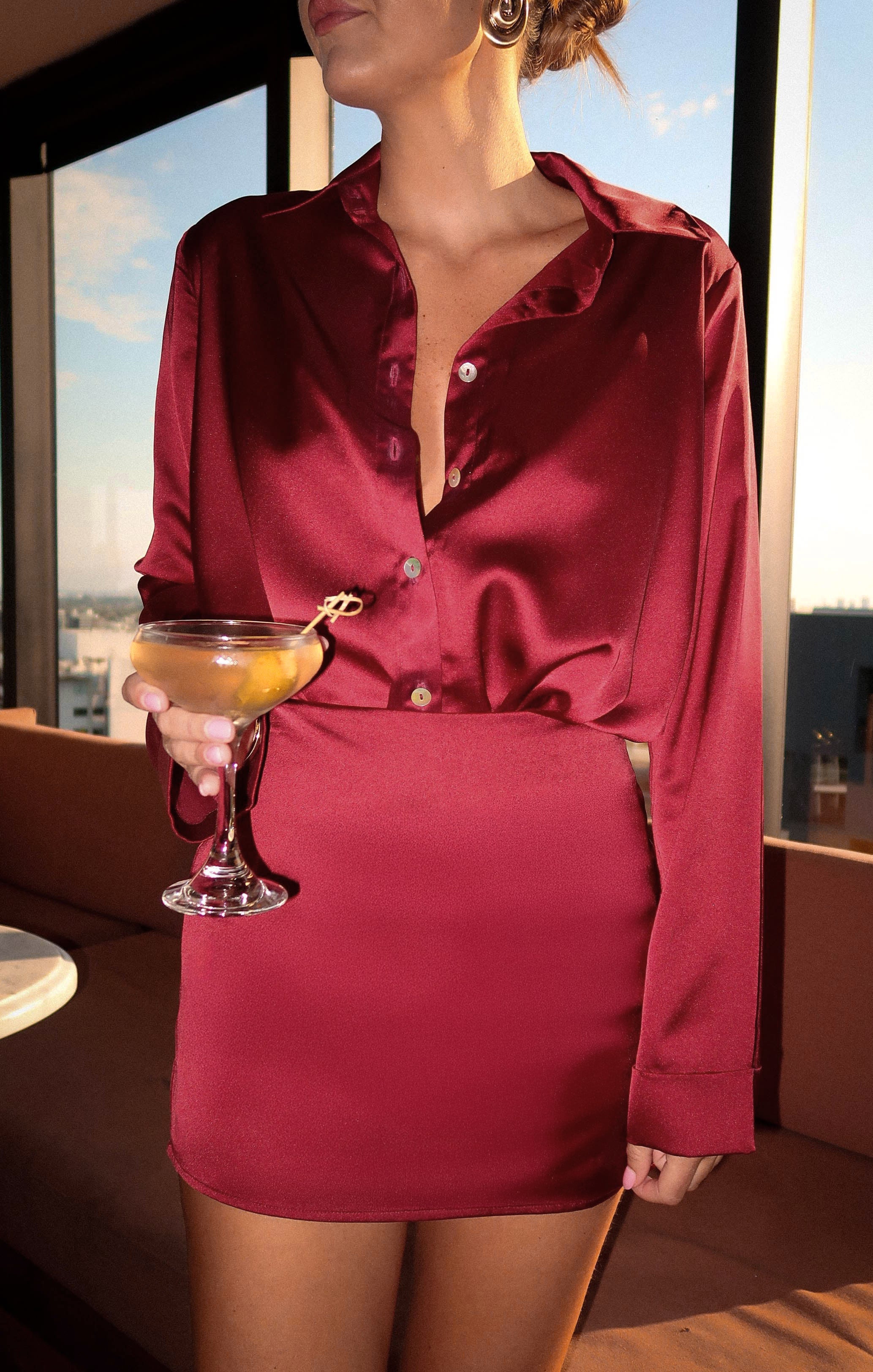 Viviette Vintage Button Down – Cranberry Luxe Satin