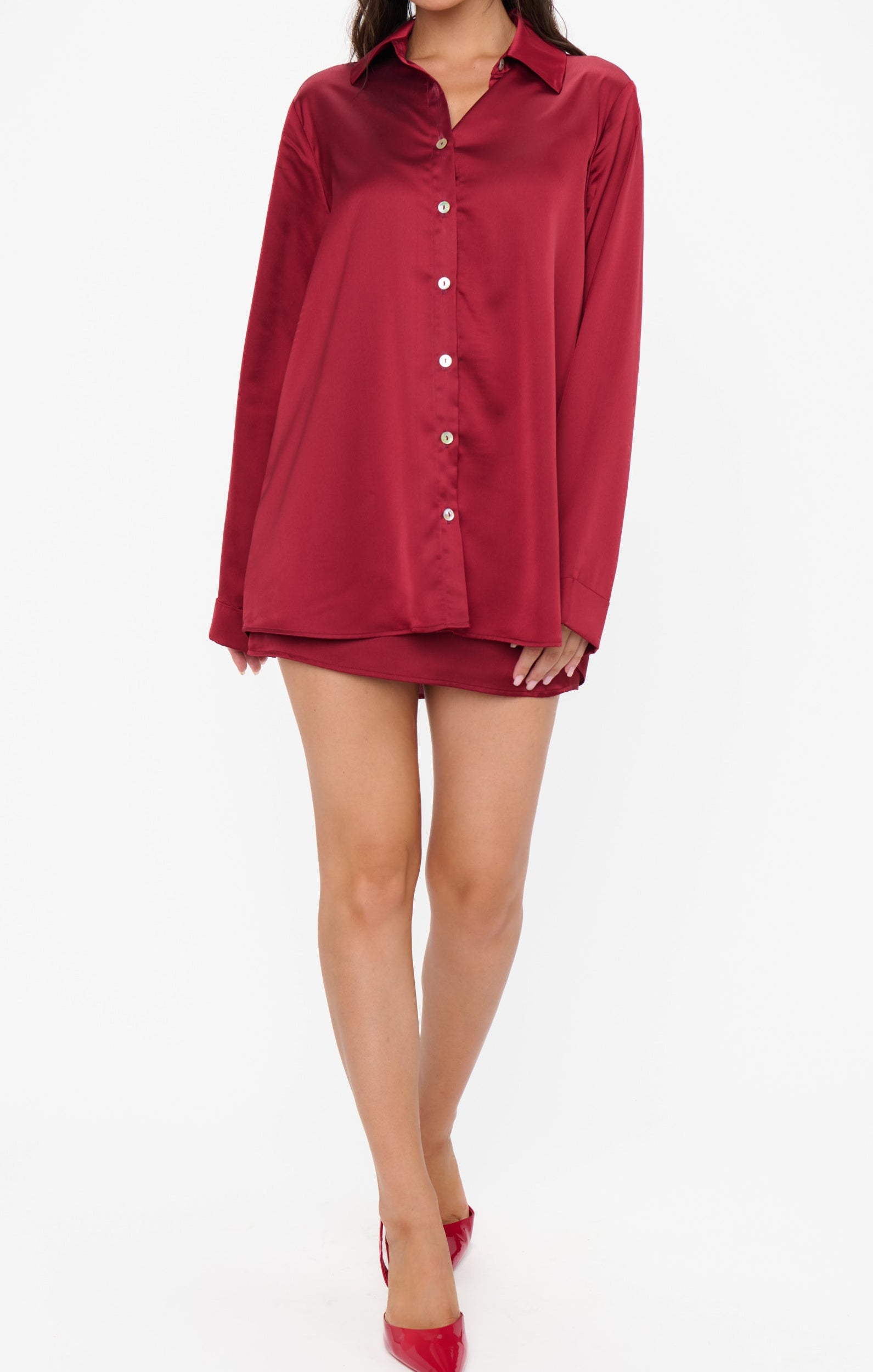 Viviette Vintage Button Down – Cranberry Luxe Satin