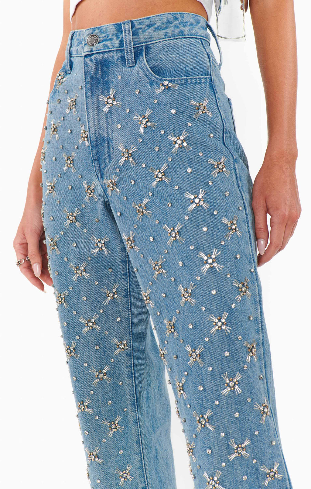 Viviette Vintage Jeans – Jeweled Indigo Straight Leg Denim