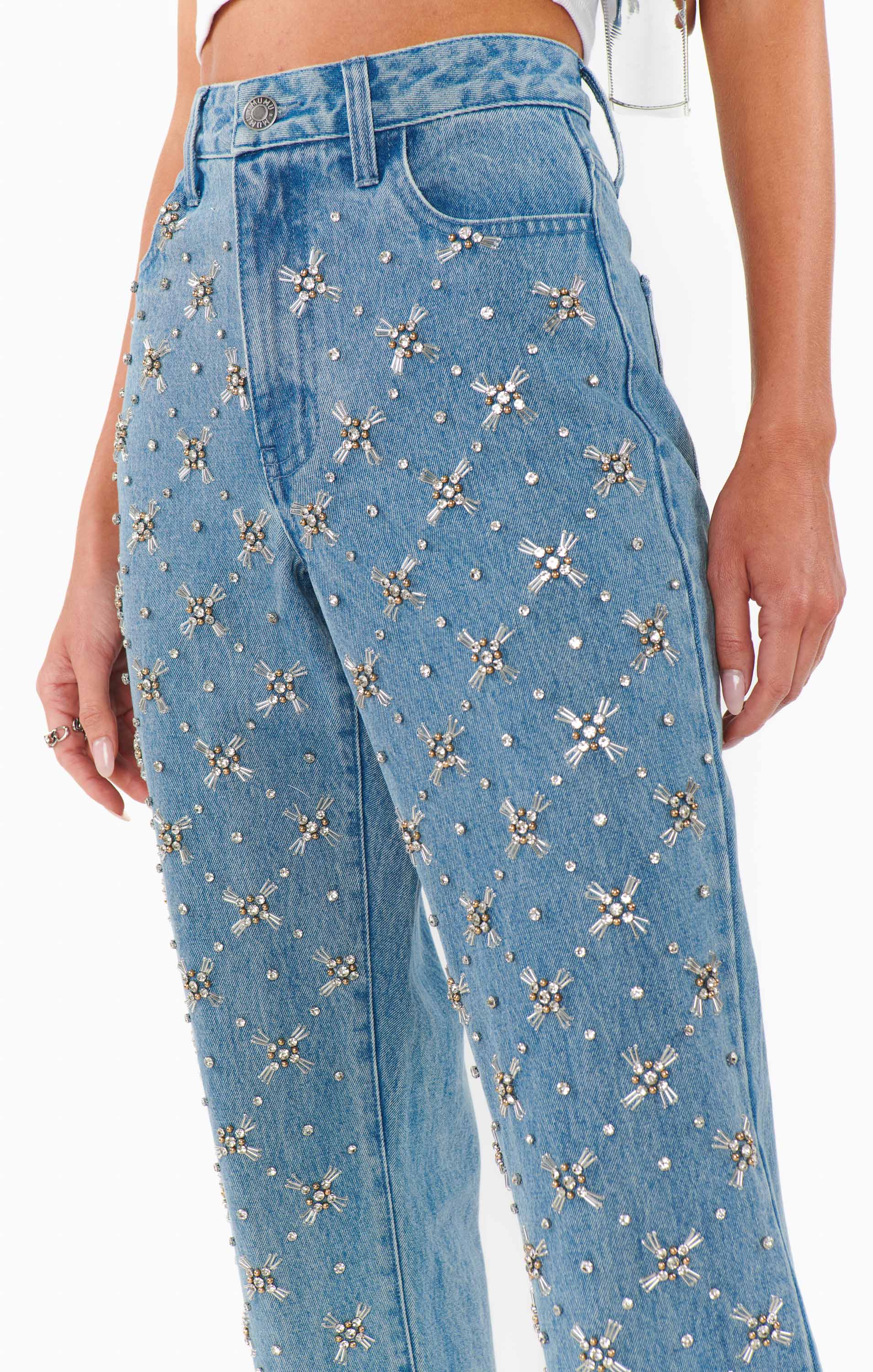 Viviette Vintage Jeans – Jeweled Indigo Straight Leg Denim
