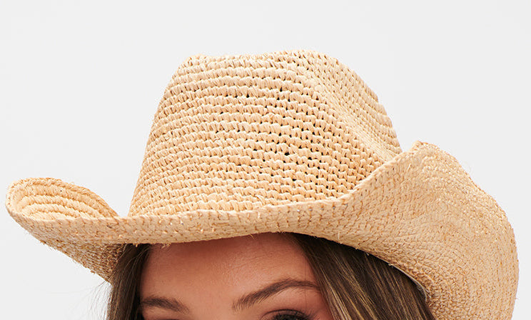 Viviette Vintage Natural Raffia Cowboy Hat – Boho Summer Essential